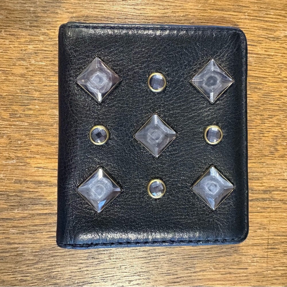 Fossil Leather Card Wallet Black Bi Fold Rhinestones Gems